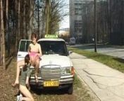 Teen gets cum next to Taxi car from taxi car