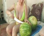 Kinky dude and blonde with huge tits get playful with a water melon then fuck outdoors from food
