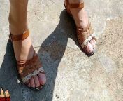 Nude wife with sandals flashing her feet in front yard from nude jasmine sandal