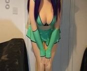 Xelphie in Green Latex Miniskirt and Top from thong platform high heels