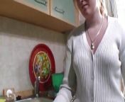 A wild German chick gets her small tits covered with cum in the kitchen from small tits pov