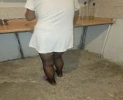 Mature woman in white dress cleaning natural home state from turkish chubby in tight dress