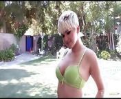 Blue eyed blonde girl with a pixie cut enjoys shagging from pussy inhigh cut bikini