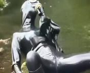 Outdoor walk in the wood and river bath full encased in black latex catsuit and rubber gas mask from river ganga bath auntys xray nude andra anty sex xxx com