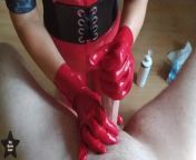 Tripple ruined twisting handjob in red latex gloves using nuru gel and cock ring from tripple